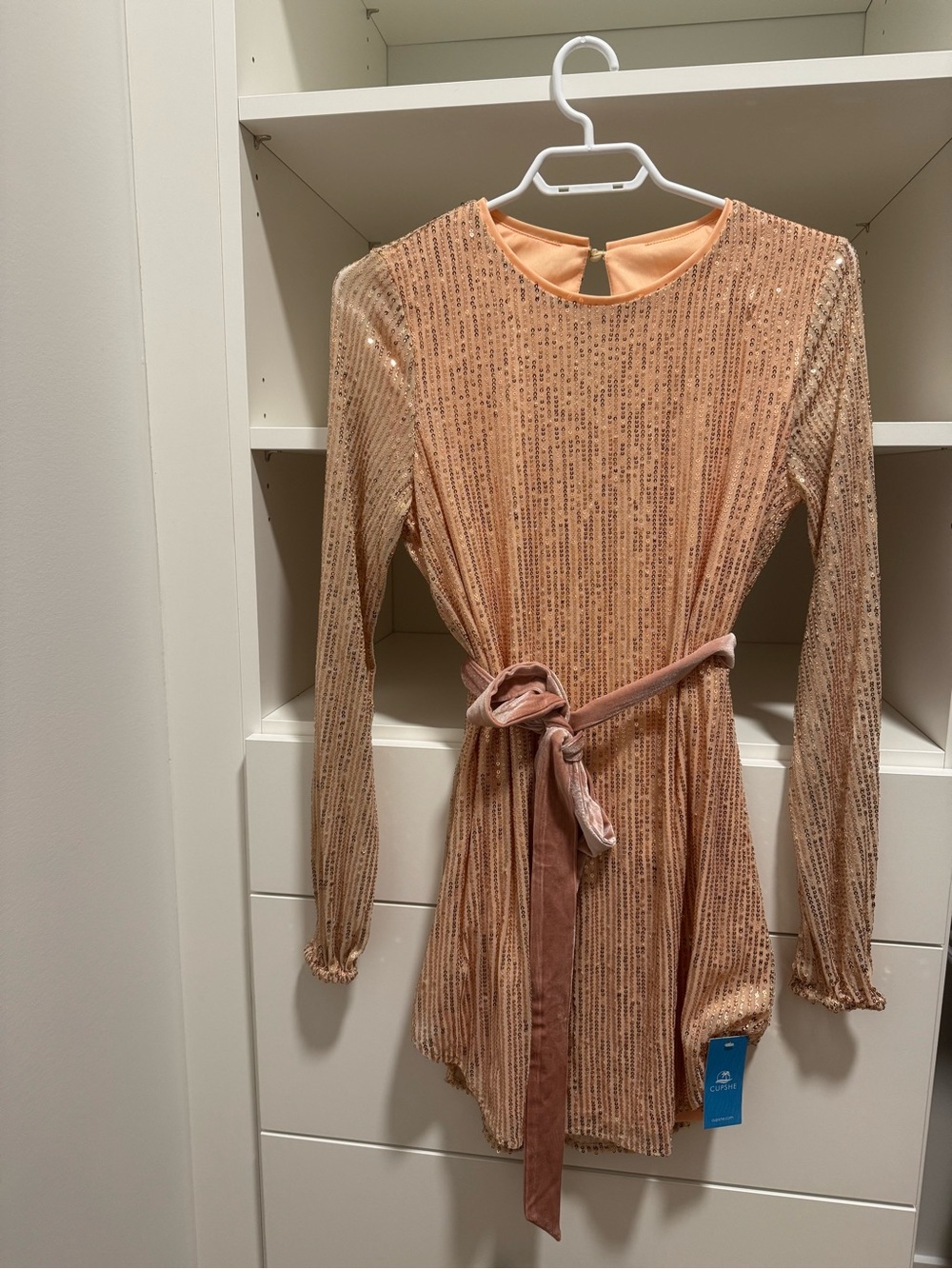 Cupshe Blush Pink Sequin Dress XS NWT Long Sleeve Tie Waist Party Dress